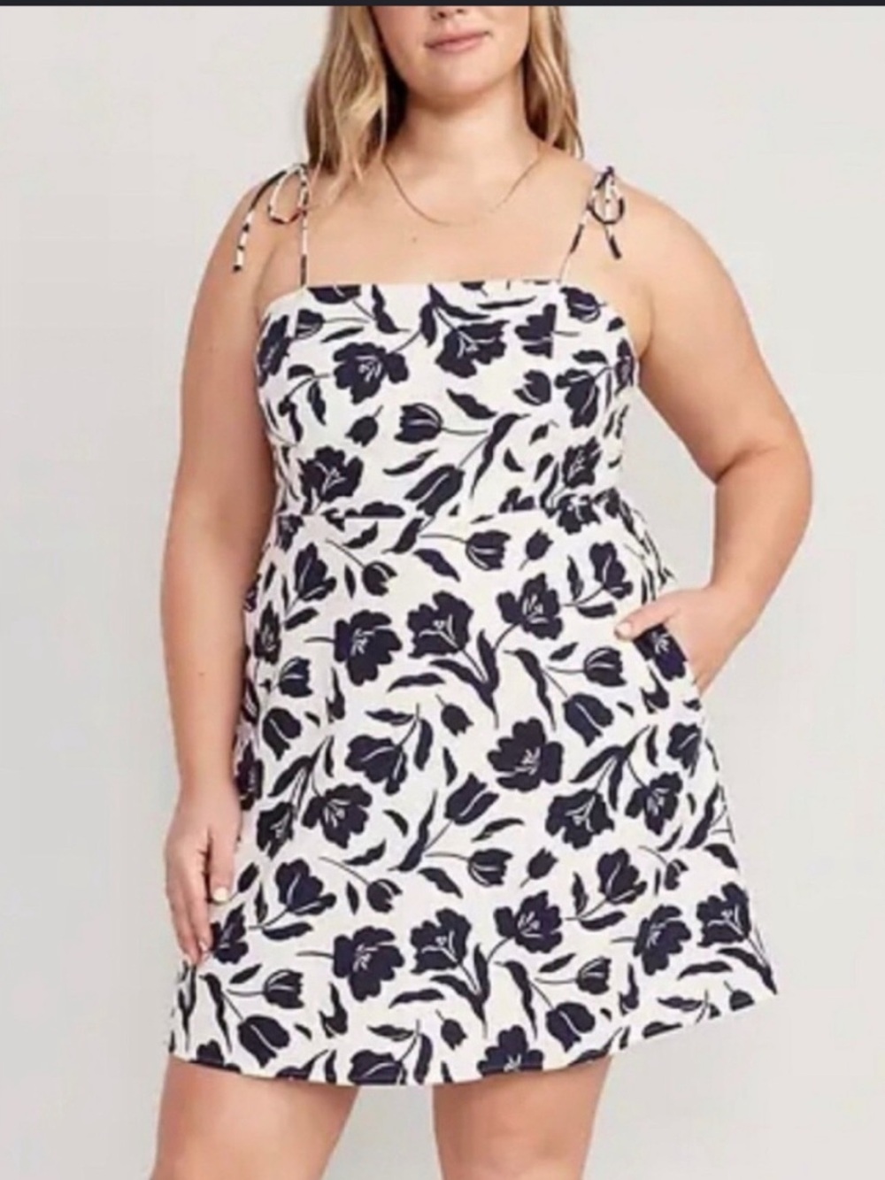 Old Navy Floral Tie-Shoulder Cami Sleeveless White & Navy Linen Blend Mini Dress
